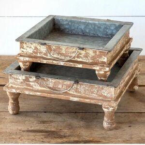 GALVANIZED STANDING METAL FARMHOUSE TRAYS, SET OF 2